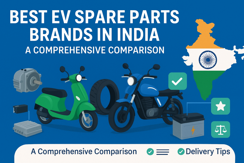 High-quality flat-lay of EV spare parts (battery, motor, controller, charger, tyre) arranged neatly with brand tags like Amaron, Exide, Bosch, Hero, Okinawa. White background, professional product photography style, landscape