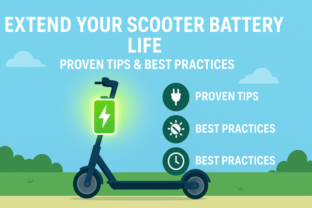 High-resolution illustration of an electric scooter parked next to a battery icon showing 80% charge, with icons of sun, snow, and plug showing do’s and don’ts of charging, futuristic and eco-friendly style, landscape