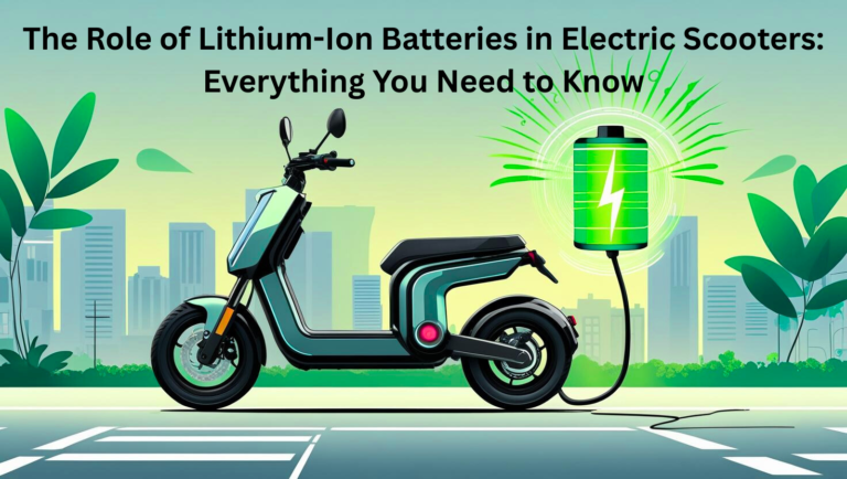 Modern electric scooter battery pack (lithium-ion), futuristic design, glowing cells, eco-friendly technology background, professional product photography style, landscape orientation