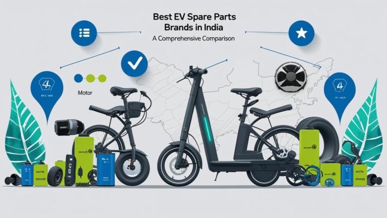 High-quality flat-lay of EV spare parts (battery, motor, controller, charger, tyre) arranged neatly with brand tags like Amaron, Exide, Bosch, Hero, Okinawa. White background, professional product photography style, landscape