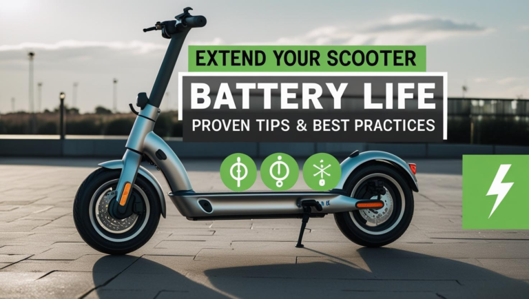High-resolution illustration of an electric scooter parked next to a battery icon showing 80% charge, with icons of sun, snow, and plug showing do’s and don’ts of charging, futuristic and eco-friendly style, landscape