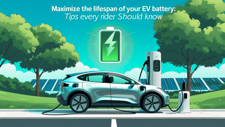 Modern flat-style digital illustration of an electric vehicle (EV) charging at a station under clear blue skies, with a glowing battery icon above the car symbolizing efficiency and long lifespan. Include eco-friendly elements like green trees, clean roads, and solar panels in the background. Use vibrant, clean colors (greens, blues, and white) to convey sustainability and technology. Title text overlay at the top: 'Maximize the Lifespan of Your EV Battery: Tips Every Rider Should Know' in bold, modern typography.