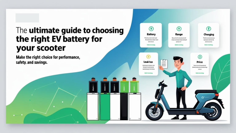 An infographic-style design comparing lead-acid vs lithium-ion EV scooter batteries, showing charging speed, weight, cost, and lifespan, with a modern clean layout.